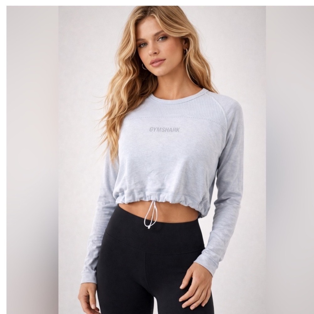 Gymshark Light gray Cropped Long Sleeve Athletic Top With Drawstring size small‎